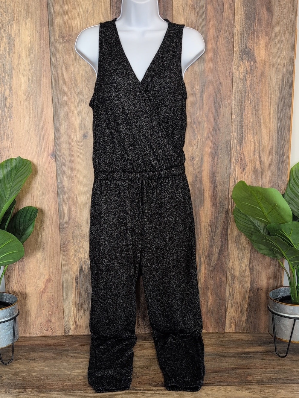 stars above Heather Black Sleeveless V Neck Wrap Jogger Jumpsuit XS   Q279
